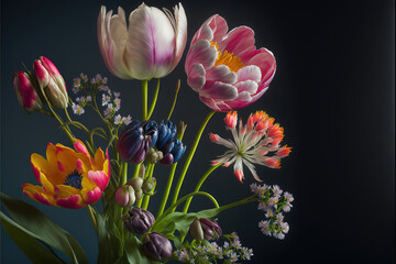 Obraz na płótnie Canvas Spring colorful flowers. Ideal for decorative backgrounds, fresh floral wallpaper, generative AI