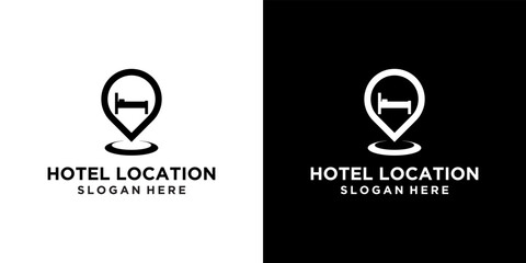 Map pointer pin icon vector simple black. Point location with bed. Hotel Room sign, 