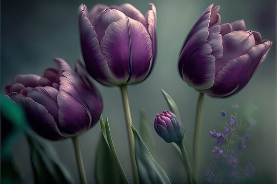 Purple spring tulips. Luxurious purple flowers. AI