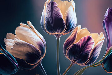 Abstract spring tulips. Luxurious fluid fluid art flowers. AI