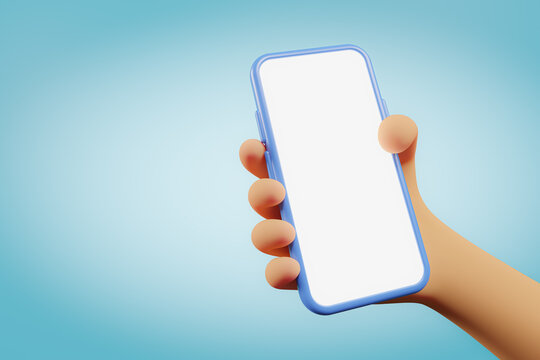 Hand holding the blank smartphone in cartoon style - modern frameless design - isolated on blue 