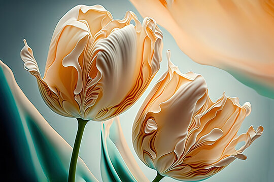 Abstract spring tulips. Luxurious fluid fluid art flowers. AI