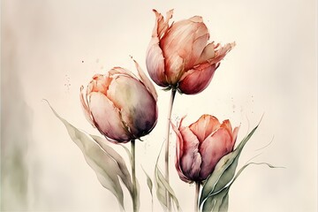 Spring tulips in watercolor style. Luxurious background for postcards, delicate flowers. AI
