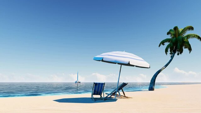 4K Ultra HD. Blue ocean sand beach nature tropical palms Island. Hotel beach. Caribbean sea and sky. Small wild beach chairs. landscape Island. Palms turquoise sea background Atlantic ocean. 
