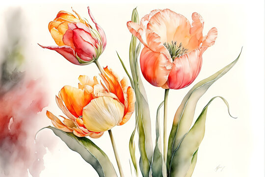 Spring tulips in watercolor style. Luxurious background for postcards, delicate flowers. AI