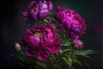 Spring magenta peonies. Luxurious delicate flowers on a dark background. AI