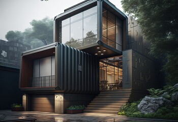 shipping container make as restaurant, office or house, modern and minimalism design, idea for sustainability for environmental preservation, tropical forest Generative Ai