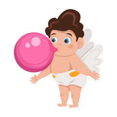 Cute Cupid blew a big ball of pink gum. Valentine's Day. Vector graphic.	