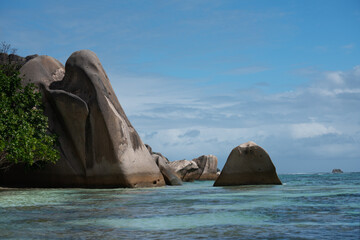 The fascinating rock formations on the beach of the Seychelles.