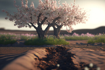 A fresh perspective on spring: cherry blossoms in bloom with new life sprouting on the ground, modern agricultural theme