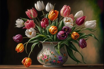 Bouquet of multi-colored delicate tulips in a vase. Spring flowers. AI