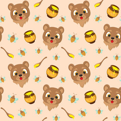 Seamless pattern with the image of a teddy bear's head, a pot of honey, a spoon with honey and cheerful bees. A bright vector illustration for children
