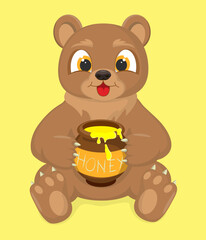 A cartoon bear cub holds a pot of honey. A bright vector illustration for children