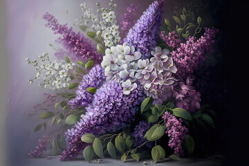 Bouquet of purple lilacs. Spring flowers. AI