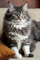 A fluffy cat sitting on a cushion