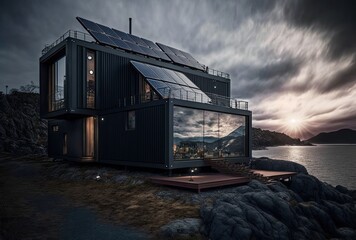 Fototapeta premium modern industry exterior style shipping container house has solar panel roof, beautiful nature landscape, idea for sustainability for environmental preservation Generative Ai