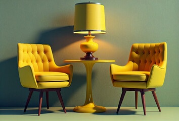 Two Yellow Chairs with Lampshade. Generative Ai Art. Minimalist interior.