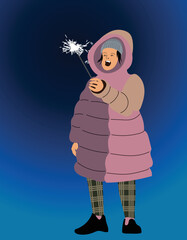 A young woman dressed in winter clothes celebrates Christmas on the street. Bengal fire burns in hand.