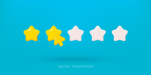 3d render star icon rating customer review. Realistic 3d design In plastic cartoon style. Icon isolated on blue background. Vector illustration