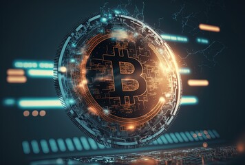  digital Bitcoin with futuristic theme cryptocurrency coins abstract background, Generative Ai