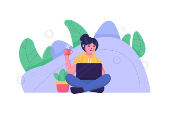 Concept working at home with people scene in the flat cartoon design. Woman working on a laptop with a cup of coffee at home.