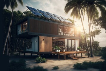 modern industry exterior style shipping container house  has solar panel roof, beautiful nature landscape, idea for sustainability for environmental preservation Generative Ai
