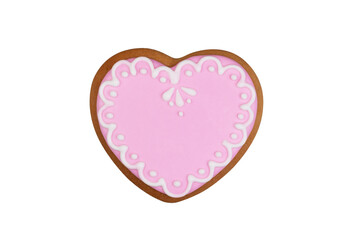 homemade ginger cookies in the shape of a heart with pink glaze isolated on a white background top view with clipping path