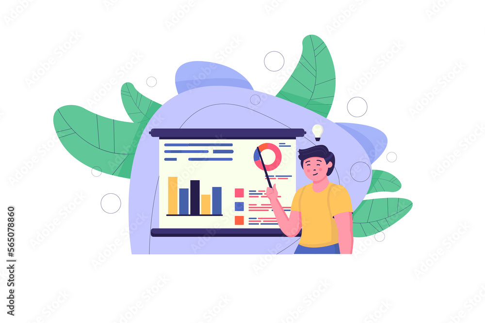 Poster data analytics concept with people scene in the flat cartoon design. manager talks about the data an