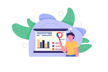 Data analytics concept with people scene in the flat cartoon design. Manager talks about the data analysis of the company's work done on the whiteboard.