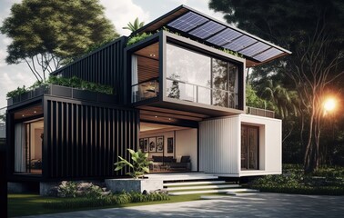 modern industry exterior style house in forest, made from converted shipping container has solar panel roof, beautiful nature landscape,  sustainability for environmental preservation Generative Ai