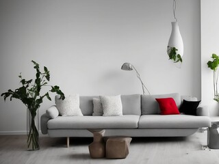 A modern, minimalist living space featuring a sleek sofa and a stylish vase