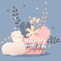 A young white alpaca congratulates you on your special day  with Happy birthday cake and flowers Birthday card
