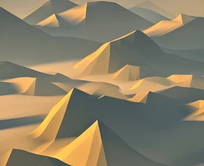 Poster Illustration of a mountain landscape in low poly style, made with generative AI technology. Abstract and simplified mountain area. © Mario