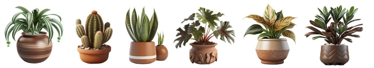 Beautiful set of plants in ceramic pots isolated on transparent background. Generative AI.