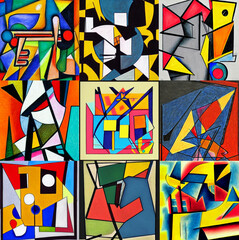 Composition of several images following the cubist painting style representing nature through geometric figures, lines and circles of bright colors. Using the AI of Stable Diffusion for this