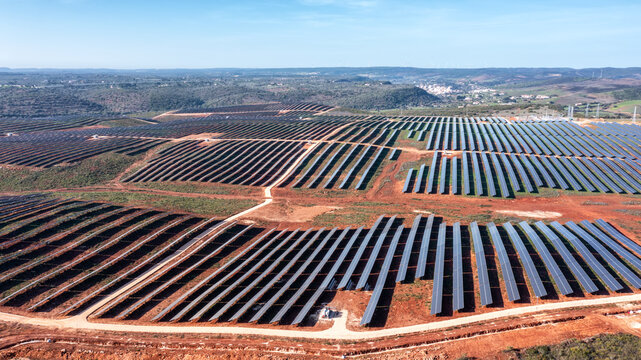 Aerial. Station's solar panels cover the fields of the Portuguese hills to generate clean, ecological electrical energy.