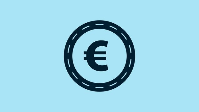 Blue Coin money with euro symbol icon isolated on blue background. Banking currency sign. Cash symbol. 4K Video motion graphic animation