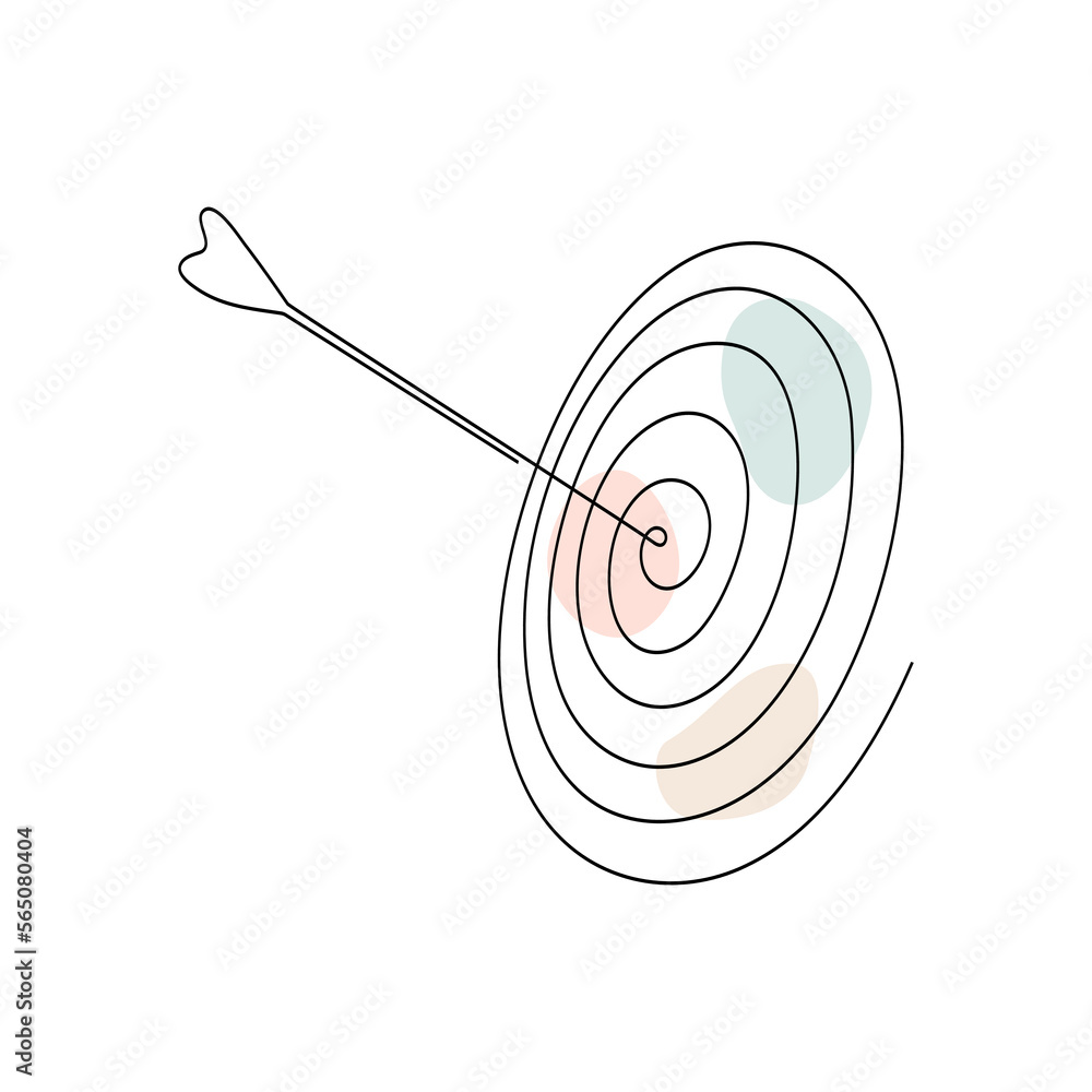 Poster target with arrow continuous line drawing. hand drawn linear goal circle with pastel abstract shapes