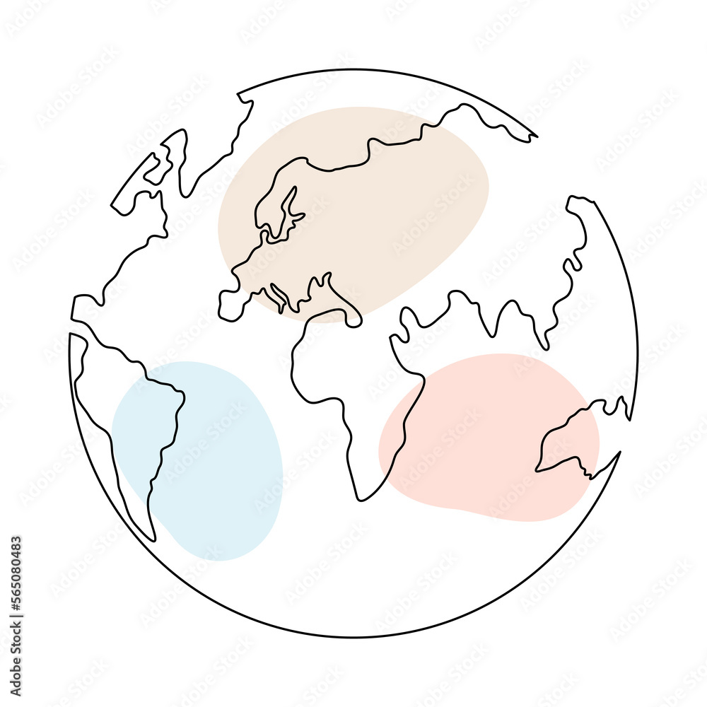 Poster earth globe continuous one line art. world map doodle linear drawing with pastel shapes. vector illu