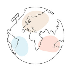 Earth globe continuous one line art. World map doodle linear drawing with pastel shapes. Vector illustration isolated on white background.