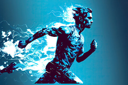 Abstract silhouette of a running athlete on blue background. Runner man are running sprint or marathon