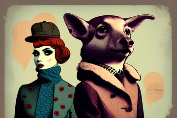 Animals in clothes. Concept graphic in vintage style. - generative ai