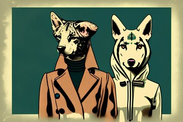 Animals in clothes. Concept graphic in vintage style. - generative ai