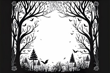 Drawn enchanted forest. Vector black frame. Silhouette of trees and grass. Empty space for text. Generative AI.