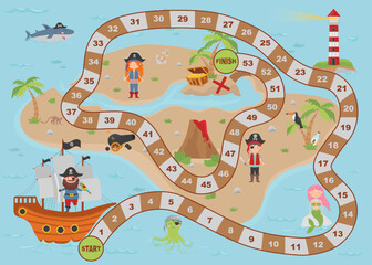 Cartoon pirate treasure map for children. Board game. The map has a cute mermaid, pirates, an octopus, a shark, a lighthouse, a treasure island, a chest and a ship.