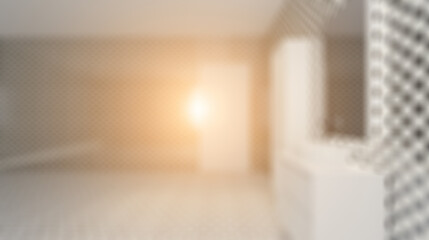 Clean and fresh bathroom with natural light. 3D rendering.. Suns. Abstract blur phototography.