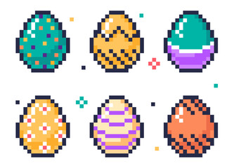 Fototapeta premium Pixel art arcade game eggs. Easter pixel 8 bit eggs, painted chicken eggs, chicken egg hunt game flat vector illustration set on white background