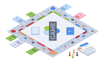 Isometric table game. Recreation 3d board gambling, monopoly game vector illustration on white background - obrazy, fototapety, plakaty