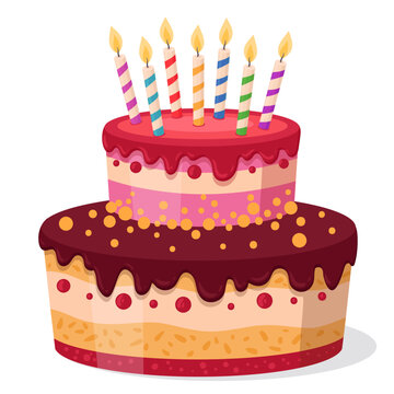 Cartoon sweet cake. Happy birthday pastry dessert, bakery sweet chocolate vanilla cake flat vector illustration on white background