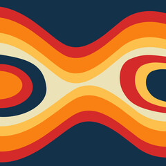 Abstract retro style waves geometrical pattern illustration with red, orange, yellow and beige striped waves decoration on dark blue background